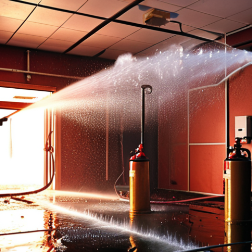 Home 23 ** Fire sprinkler system activating in a building, water spraying to extinguish a fire. Show emergency lights and a sense of urgency.
**