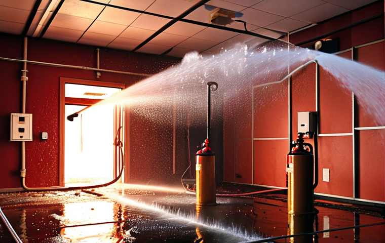 ** Fire sprinkler system activating in a building, water spraying to extinguish a fire. Show emergency lights and a sense of urgency.

**