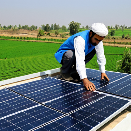 Home 9 Solar Panel Installation**
"A modern Pakistani home with solar panels on the roof, located in a sunny, rural area. A fully clothed technician in appropriate work attire is installing a new panel. The house is surrounded by lush green fields. Bright, clear day. Professional photography, perfect anatomy, correct proportions, natural pose, safe for work, appropriate content, fully clothed, family-friendly, modest setting."
**